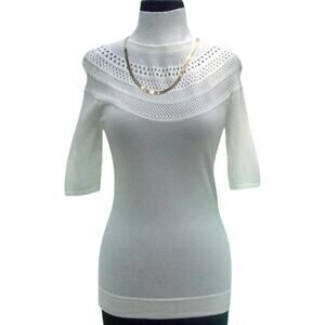 Cache Moc Neck Peek A Boo Pointelle Knit Stretch Top New Winter White NWT $88